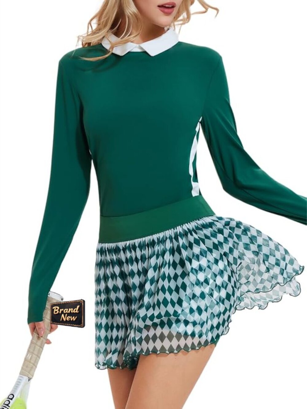 Women's 2 Piece Tennis Skirt Set Long Sleeve Color Block Top & Pleated Skort 4